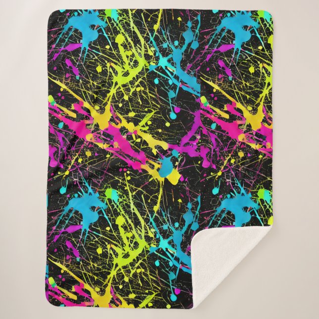 Bright Neon Paint Splatter Sherpa Blanket (Front)