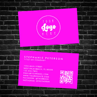 Bright Neon Pink Custom Company Logo QR Code Business Card
