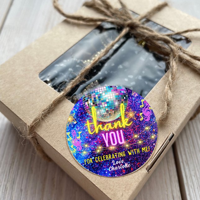 Bright Neon Pink Glow Disco Dance Party Thank You Classic Round Sticker (Creator Uploaded)