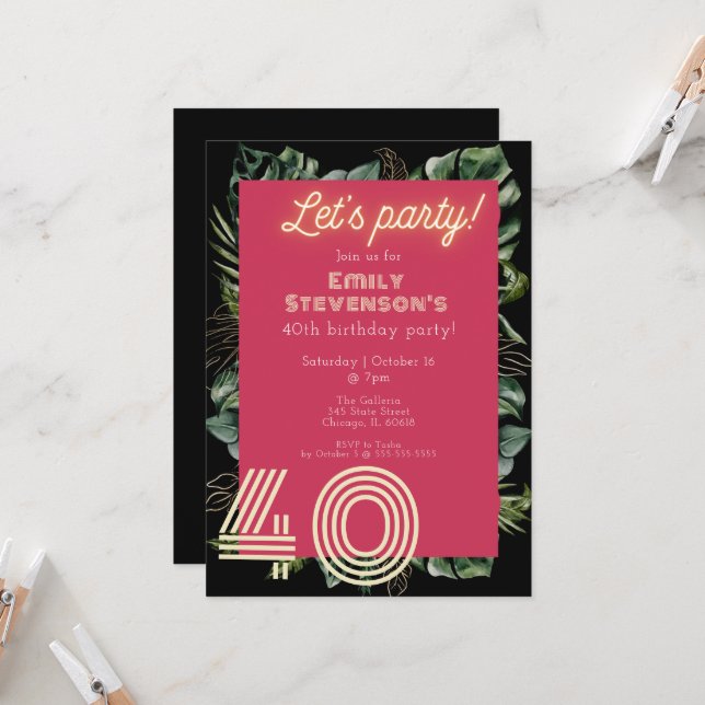 Bright Neon Pink Tropical Botanical 40th Birthday Invitation (Front/Back In Situ)