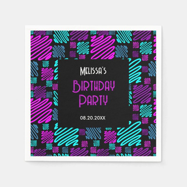 Bright Neon Purple Blue Geometric Birthday Napkin (Front)
