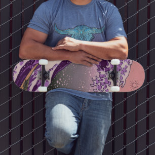 Bright Neon Retro Purple Wave Skateboard