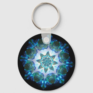 Bright Neon Starburst Kaleidoscope in Blue Key Ring