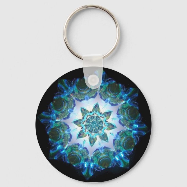 Bright Neon Starburst Kaleidoscope in Blue Key Ring (Front)