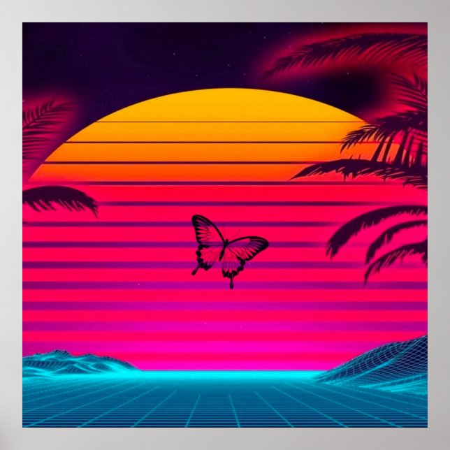 Bright Neon Sunrise to Sunset Sun and a Butterfly Poster (Front)
