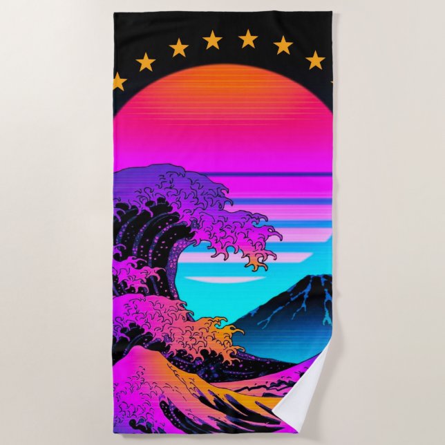 Bright Neon Wave Crash Mountain Retro Beach Towel (Front)