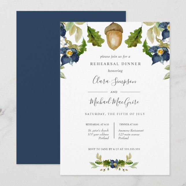 Bright Oak  blue flowers wedding  Rehearsal Dinner Invitation (Front/Back)