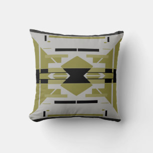 Bright Olive Black Grey Abstract Symmetrical Motif Cushion