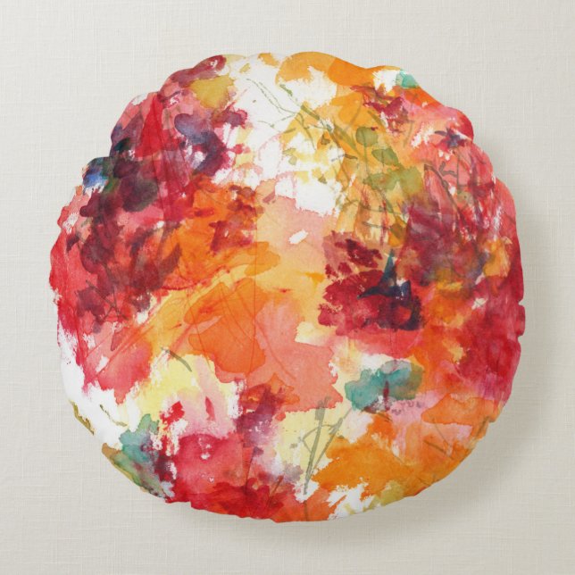 Bright Orange Abstract Canvas Flower Art Round Cushion (Front)