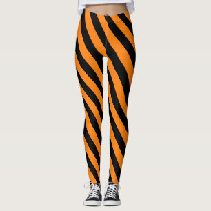 Bright Orange and Black Halloween Striped Pattern Leggings