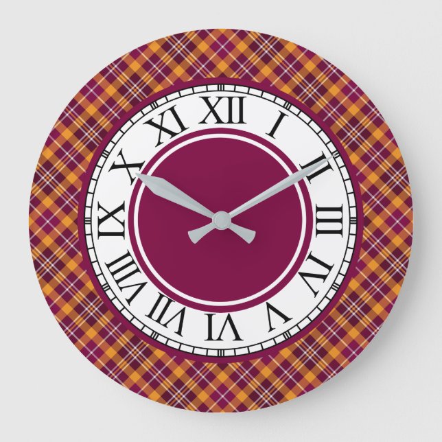 Bright Orange and Maroon Sporty Plaid Large Clock (Front)
