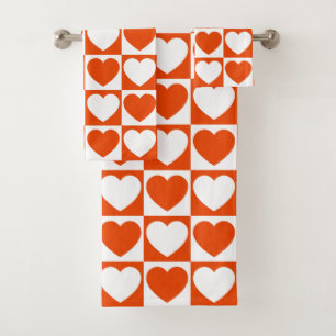 Bright Orange and White Chequered With Hearts Bath Towel Set