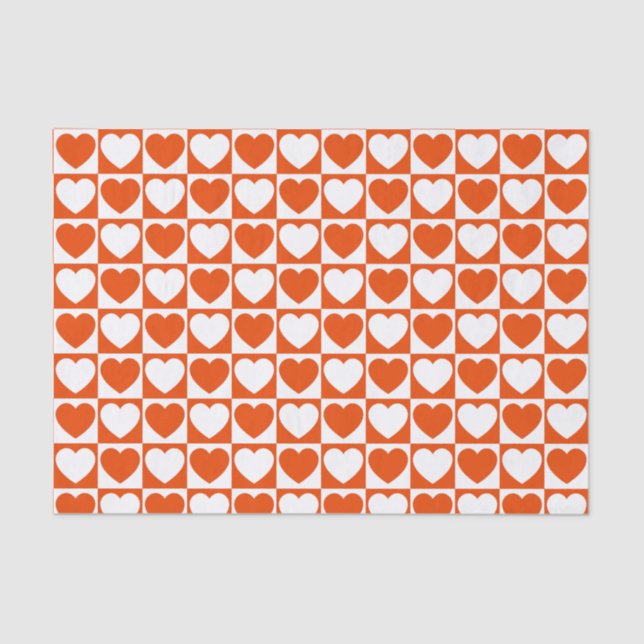 Bright Orange and White Chequered With Hearts Tissue Paper (Front)