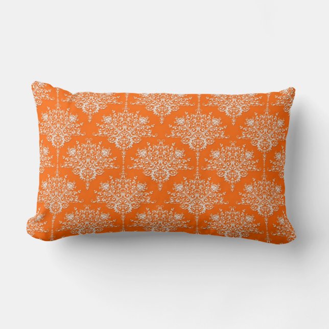Bright Orange and White Damask Lumbar Cushion (Front)