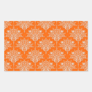 Bright Orange and White Damask Rectangular Sticker