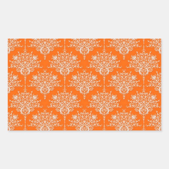 Bright Orange and White Damask Rectangular Sticker (Front)