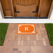 Bright Orange and White Greek Key Border Monogram
