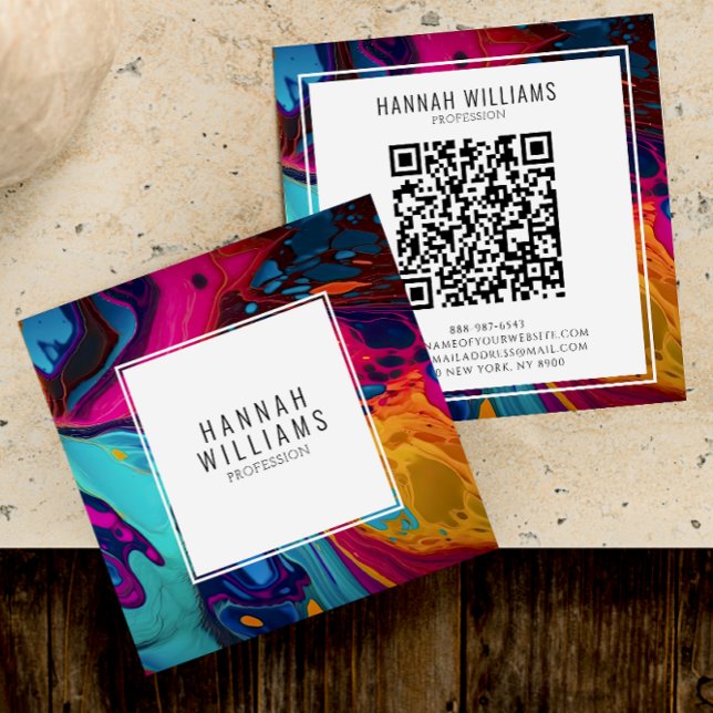 Bright Orange Blue Qr Code Colourful Marble Patter Square Business Card (Creator Uploaded)