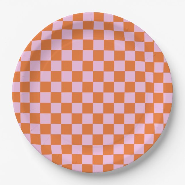 Bright Orange Chequered Paper Plate (Front)