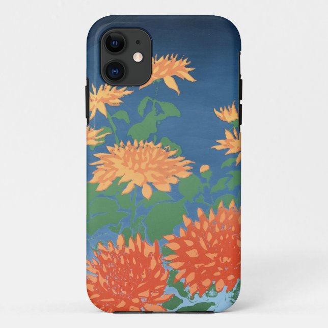 Bright Orange Chrysanthemums on Deep Blue Case-Mate iPhone Case (Back)