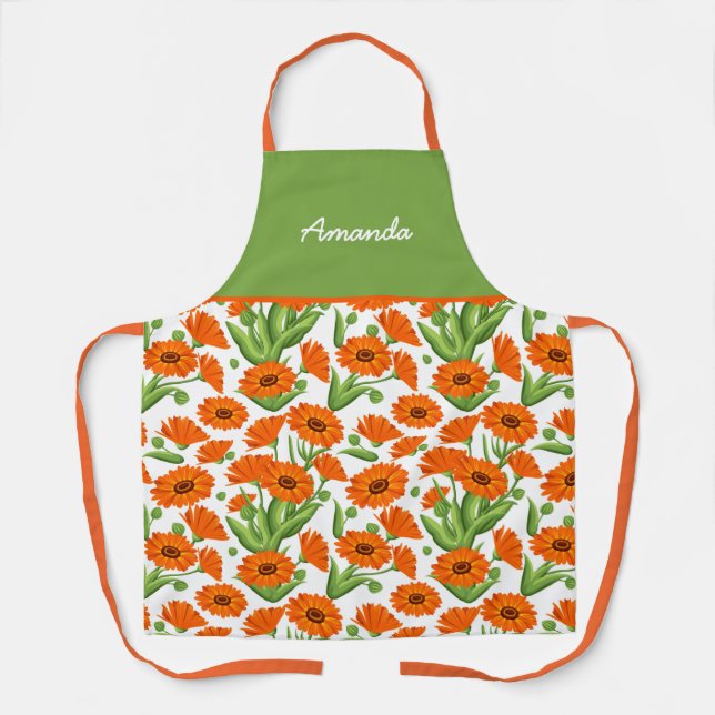 Bright Orange Daisy Personalised Apron (Front)