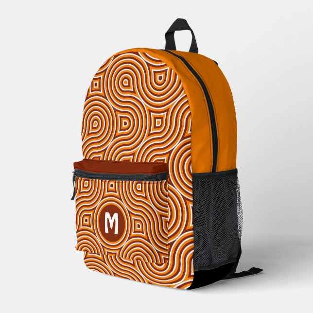 Bright Orange Dark Brown White Midcentury Pattern Printed Backpack (Back Corner Right)