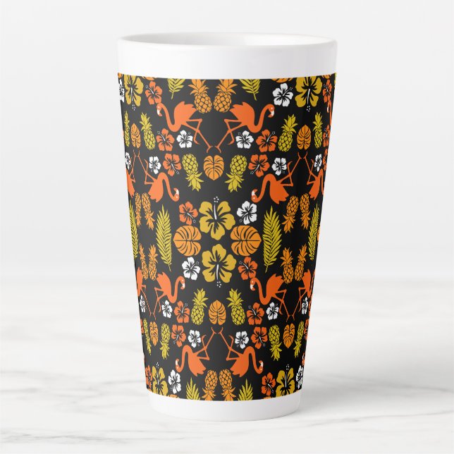 Bright Orange Floral Tropical Patterned Latte Mug (Front)