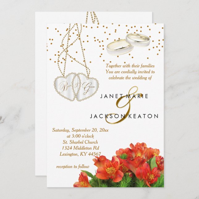 Bright Orange Floral Wedding Invitation (Front/Back)