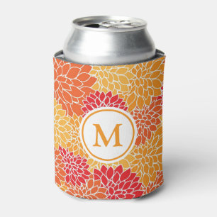 Bright Orange Flower Pattern Monogram Can Cooler