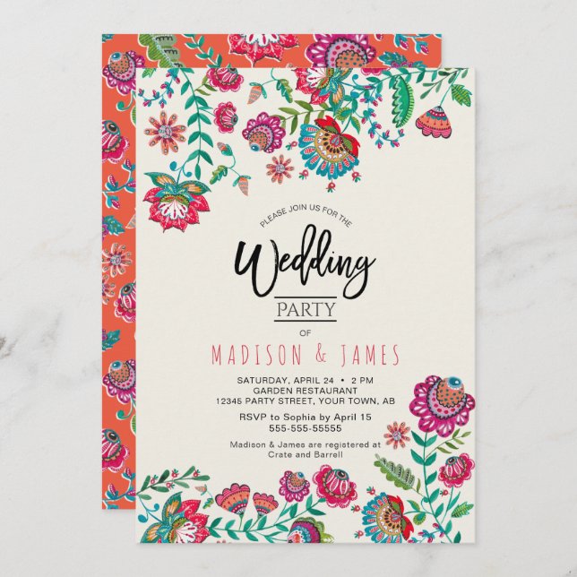 Bright orange Folk Flowers floral wedding Invitation (Front/Back)