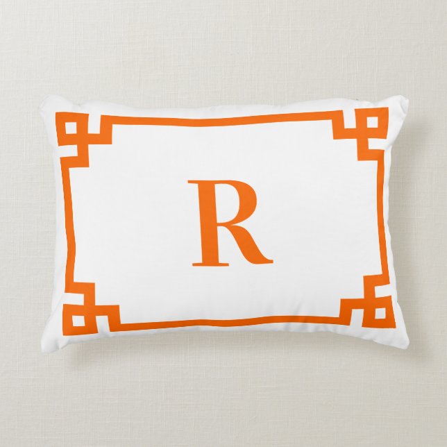 Bright Orange Greek Key Border Monogram Decorative Cushion (Front)