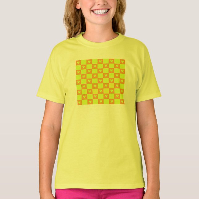 Bright Orange Green Checkered Tile With Hearts T-Shirt (Front)