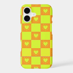 Bright Orange Green Chequered Tile With Hearts