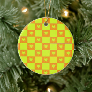 Bright Orange Green Chequered Tile With Hearts Ceramic Tree Decoration