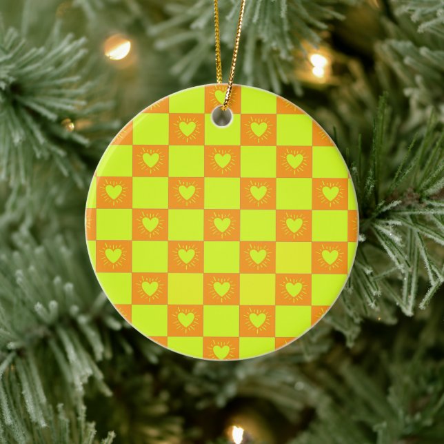 Bright Orange Green Chequered Tile With Hearts Ceramic Tree Decoration (Tree)