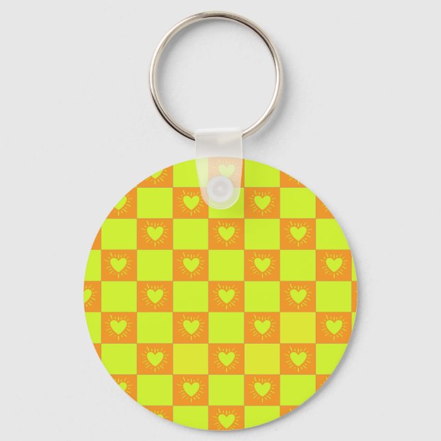 Bright Orange Green Chequered Tile With Hearts Key Ring (Front)