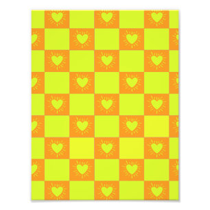 Bright Orange Green Chequered Tile With Hearts Photo Print