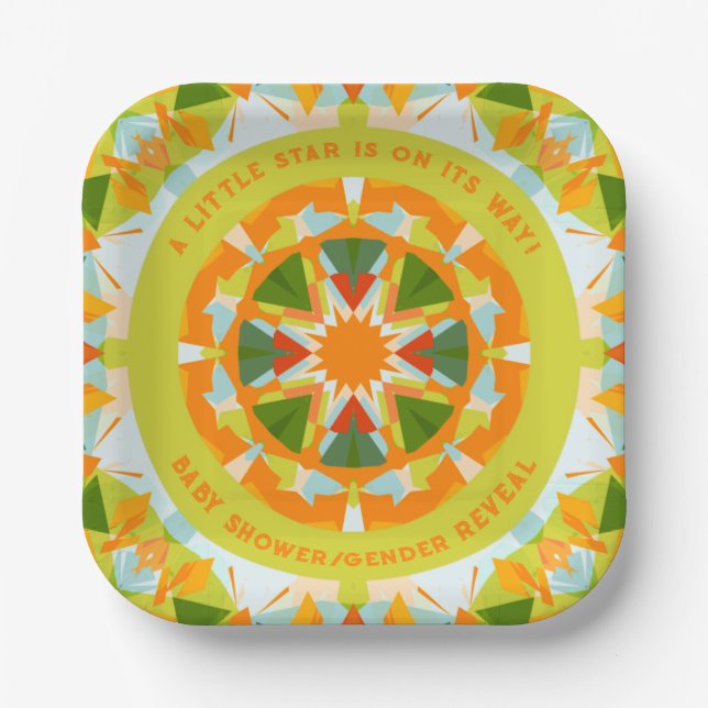 Bright Orange Green Star Baby Girl’s Boy’s Shower Paper Plate (Front)