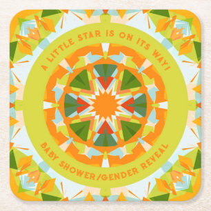 Bright Orange Green Star Baby Girl’s Boy’s Shower Square Paper Coaster