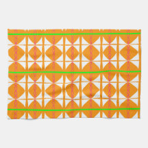 Bright orange, green, white abstract tea towel