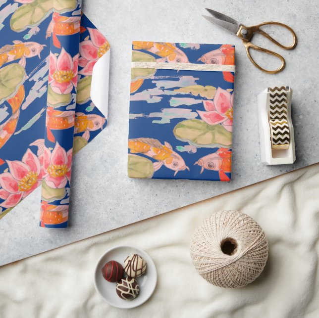 Bright Orange Koi Fish Pink Flower Dark Blue  Wrapping Paper (Crafts)