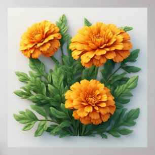Bright Orange Marigold Flowers With Green Leaves Poster