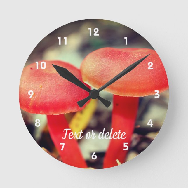 Bright Orange Mushroom Pair Personalised Round Clock (Front)