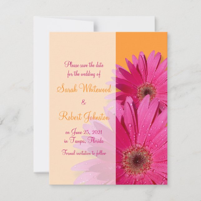 Bright Orange Pink Gerbera Daisy Save the Date (Front)