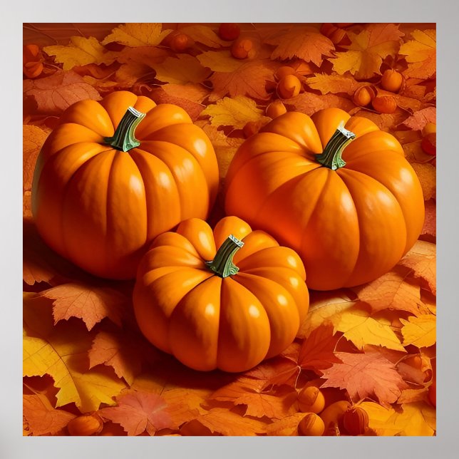 Bright Orange Pumpkins with Autumn Leaves Poster (Front)