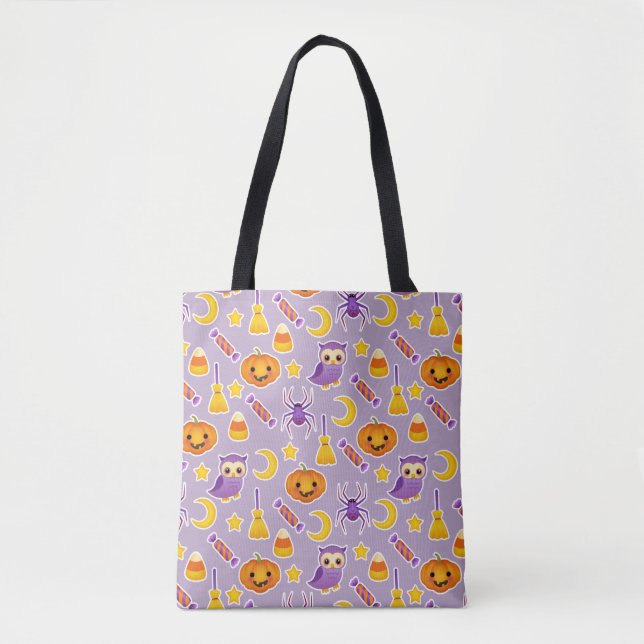 Bright Orange Purple Cartoon Halloween Pattern Tote Bag (Front)