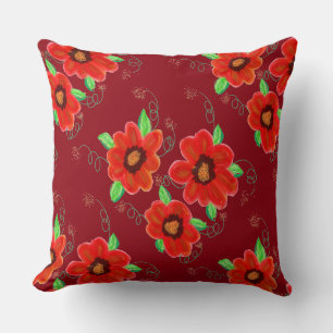 Bright orange Red Flowers on Dark Raspberry Cushion