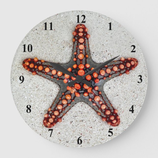 Bright Orange Red Starfish on White Sand Large Clock (Front)