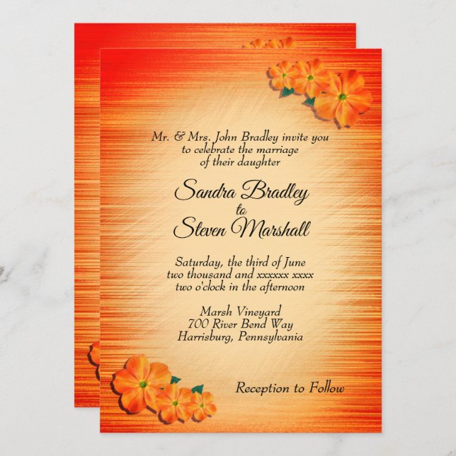 Bright Orange Rustic Flowers Wedding Invitation (Front/Back)