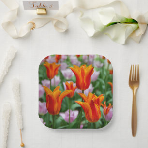 Bright orange tulips in the park paper plates